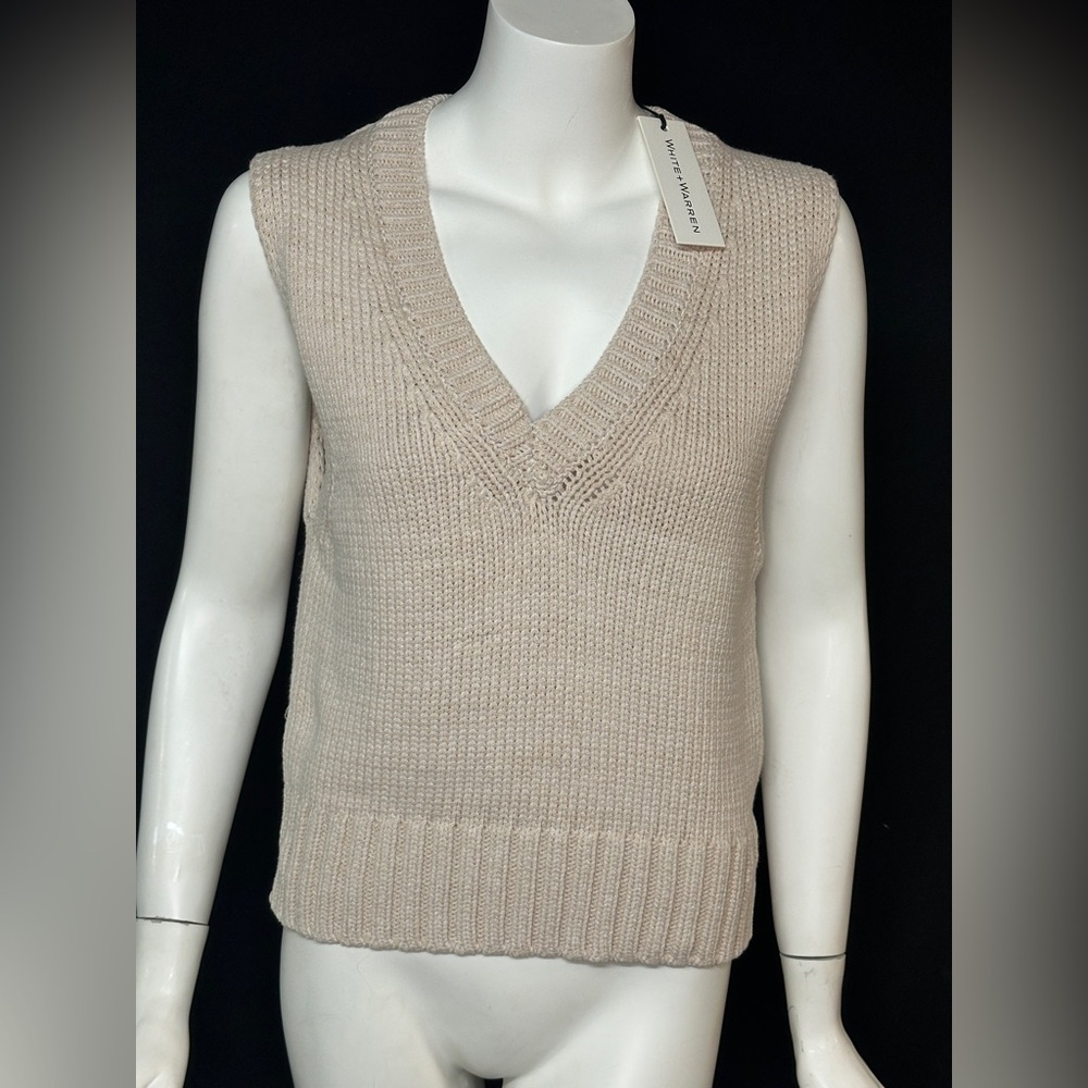 White + Warren Cream V-Neck Knit Sweater Vest